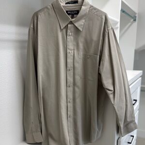 Branding Mens XL Long Sleeve Button Down Tan Plaid Rayon Polyester Blend‎ Shirt